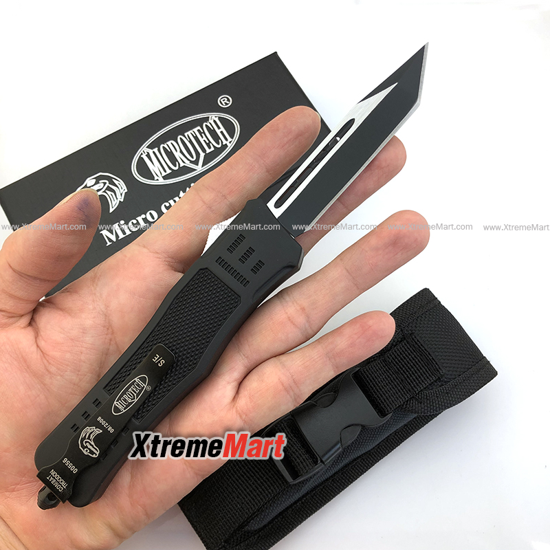 มีดสปริงตรง Microtech ขนาดกลาง ใบ Tanto คมด้านเดียว Combat Troodon 00556 D/E Automatic Knife Camping Tool สำเนา