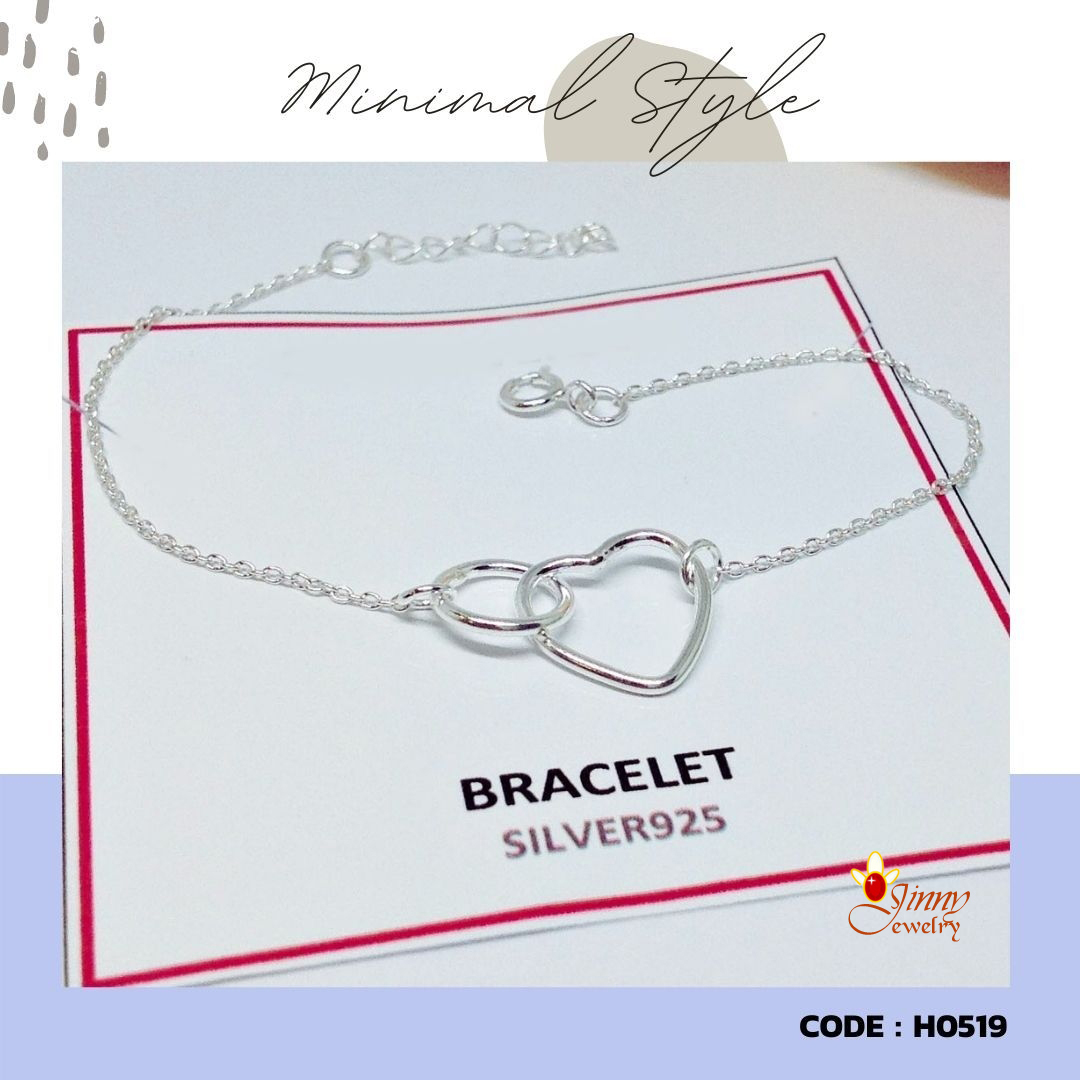สร้อยข้อมือเงินแท้ 92.5% สร้อยข้อมือผู้หญิง รูปหัวใจคล้องห่วงกลม Minimal Style งานเล็กๆ น่ารักๆ ขนาดฟรีไซส์ (เรือนเงินแท้)