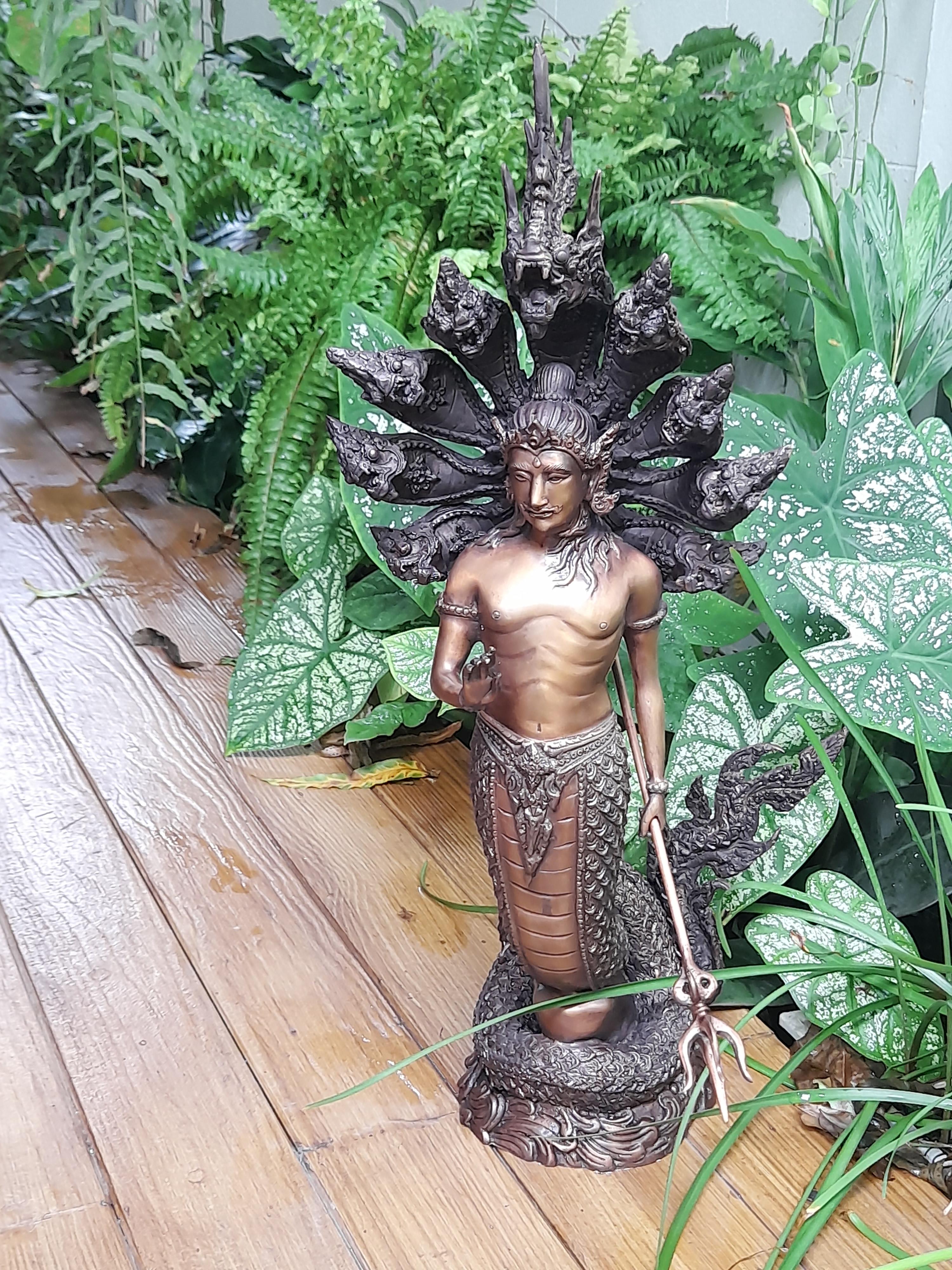 รูปหล่อ พญานาคราช ปาง ประทานพร มนุษย์ ครึ่งพญานาค นาคปรก 9หัว เศียร เนื้อทองเหลือง สีสัมฤทธิ์ (สูง22นิ้ว) (งานพรีออเดอร์สั่งทำ 2เดือน)