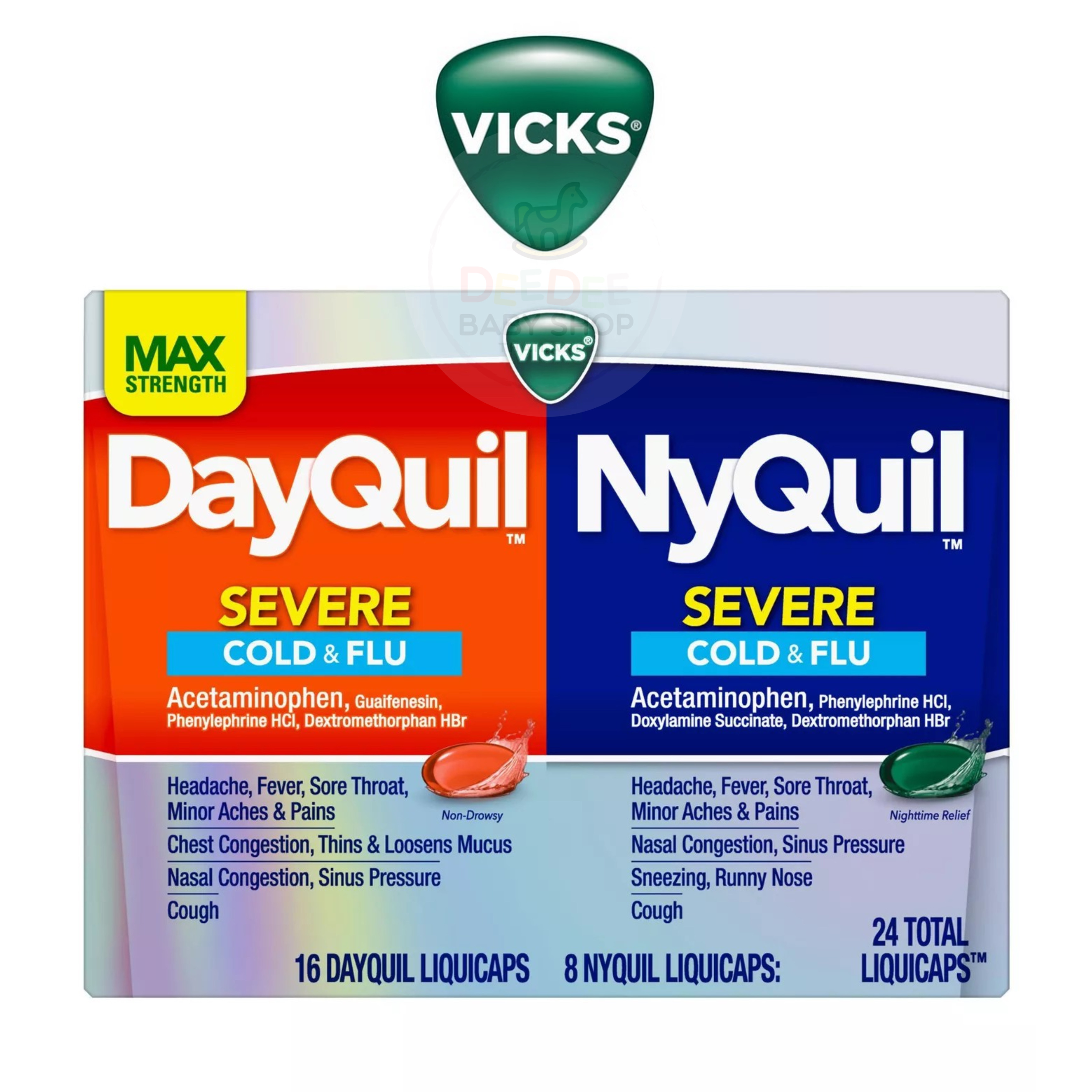 ยาบรรเทาอาการหวัดและไข้หวัดสูตรเข้มข้น Vicks DayQuil & NyQuil SEVERE Cold & Flu Max Strength (Total 24 LiquiCaps)