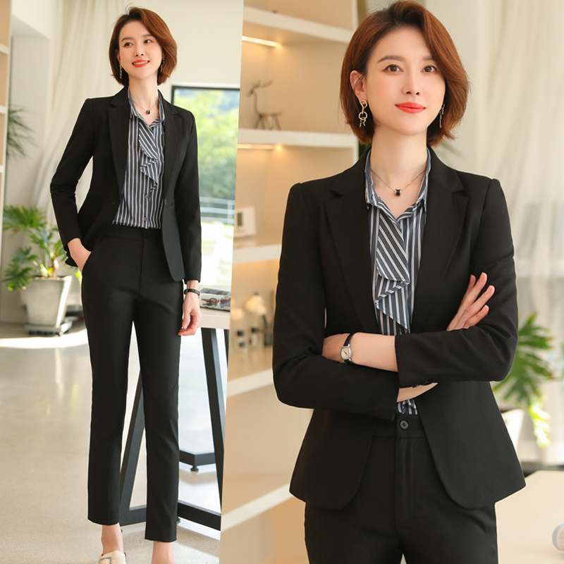 ชุดพนักงานคลินิกความงาม ชุดสูทสีน้ำเงิน ชุดพนักงานออฟฟิศ ชุดพนักงานต้อนรับ ชุดพนักงานต้อนรับโรงแรมแคชเชียร์ TO6410005 เทา ดำ S -4XL