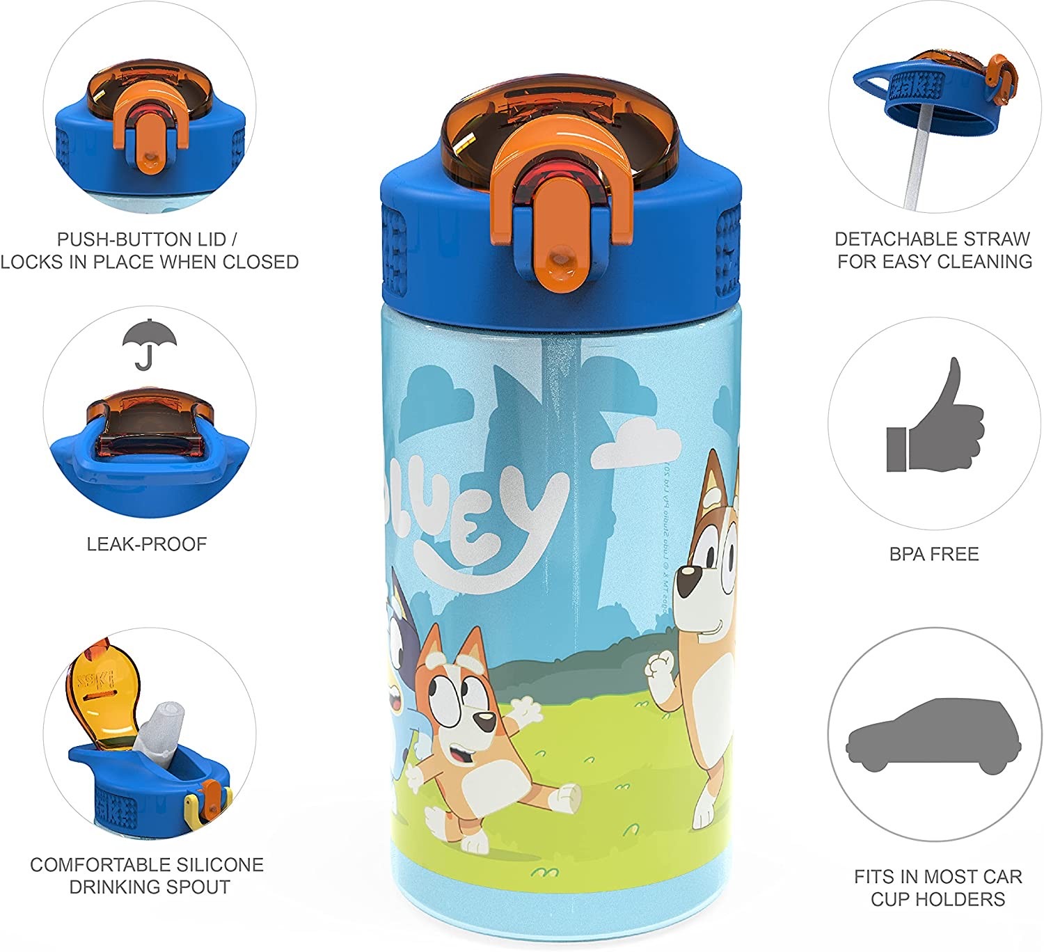 กระติกน้ำพร้อมหลอดดื่มสำหรับเด็ก Zak! Bluey & Friends 16 Oz. Reusable Water Bottle with Straw