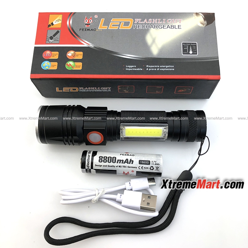ชุดเซตไฟฉายซูม Ultrafire หลอด XHP-50 + COB รุ่น PA-951-P50 388000W แสงขาว 1500LM 3โหมด พร้อมแบตเตอรี่และสายชาร์จ USB