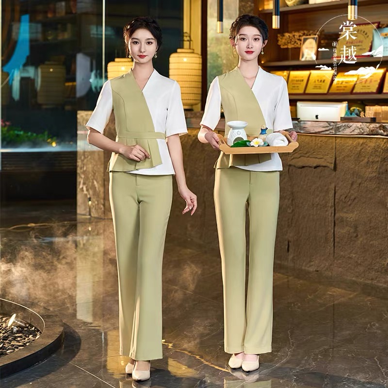 ชุดพนักงานนวดสปา ชุดพนักงานเสริมสวย ชุดทำงาน ชุดพนักงานคลินิค S6708010 สีภาพ S-4XL