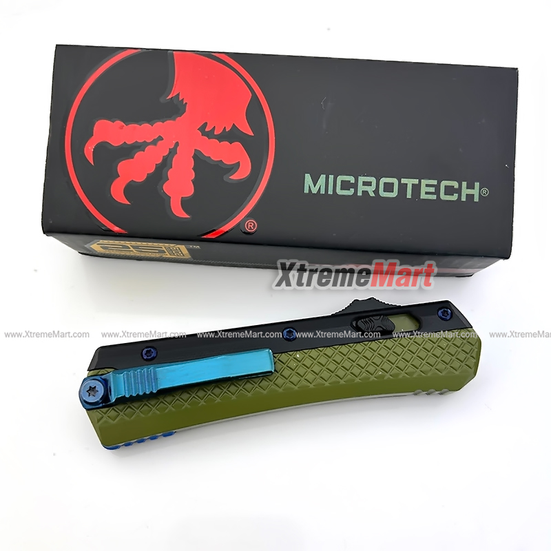 มีดสปริงขนาดใหญ่ Microtech (ด้ามอลูมินั่ม 2-Tone) 2คมเรียบ ใบดำ ด้ามเขียว คลิปสีน้ำเงิน Combat Troodon Automatic Knife