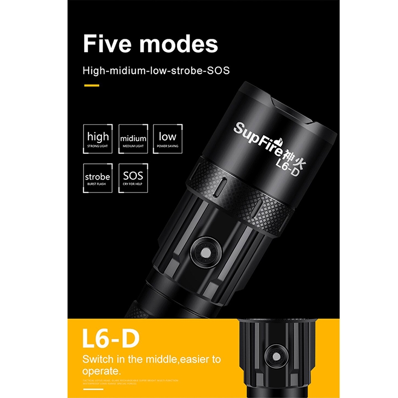 ชุดเซตไฟฉาย SupFire L6-D หลอด P50 4-chip High power LED สว่าง 1200 Lumens 15W 5 โหมด พร้อมแบตเตอรี่ 26650 และสายชาร์จ USB