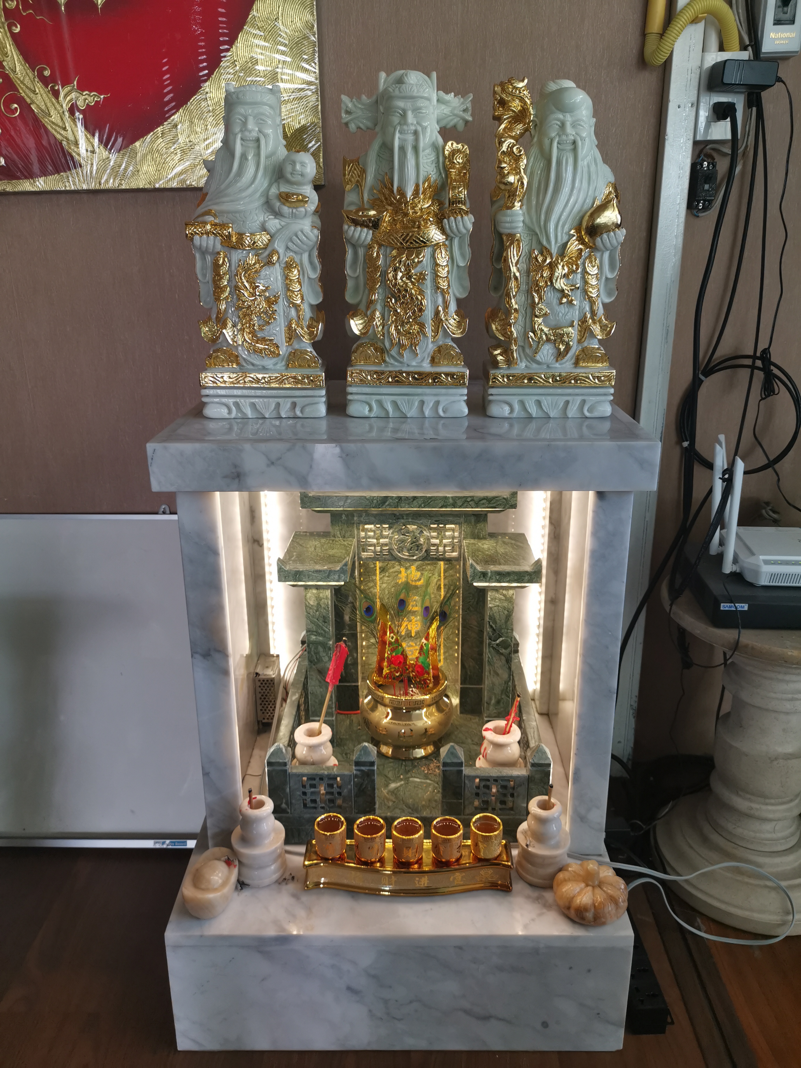 ฮกลกซิ่วแกะสลักหินอ่อนขาวเขียวปิดทองคำเปลว ขนาด สูง 40ซม