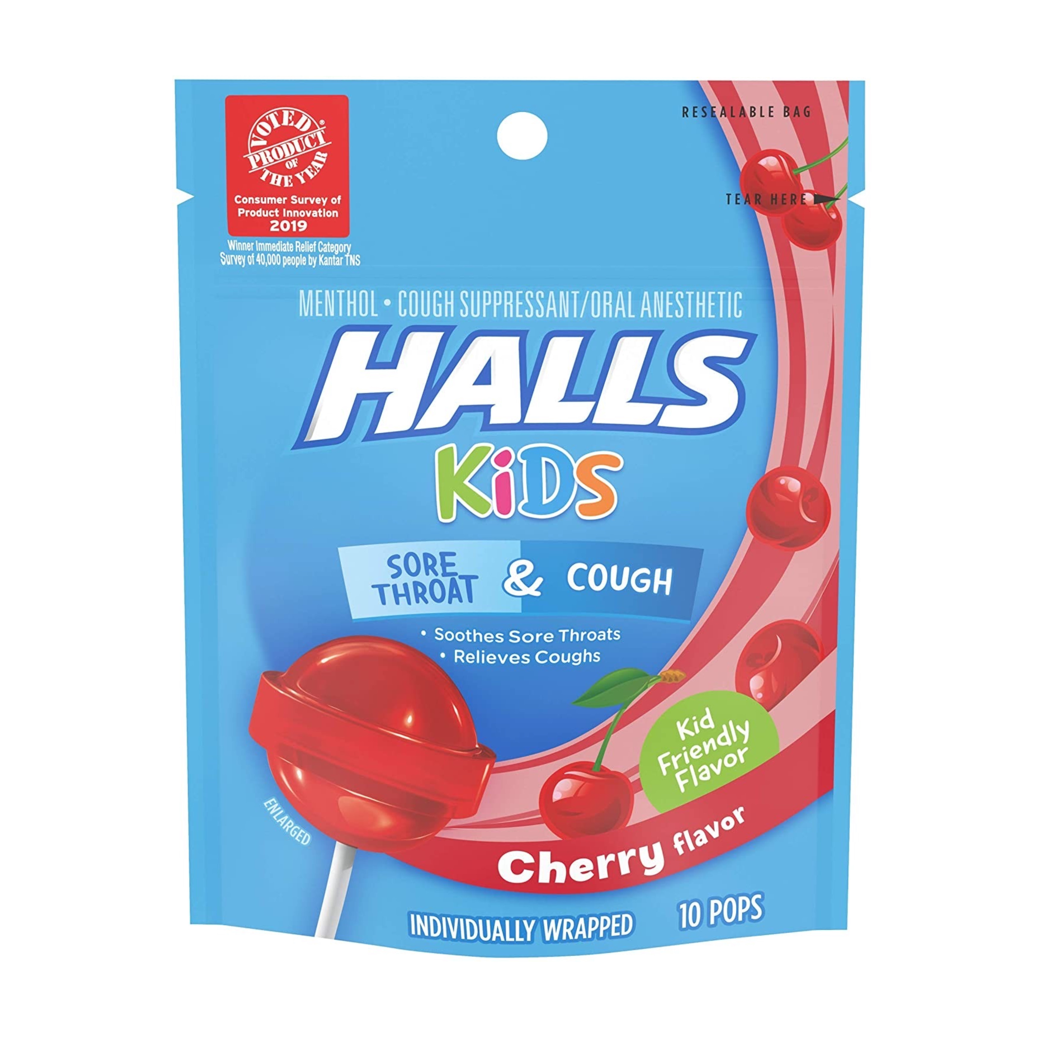 อมยิ้มบรรเทาอาการไอระคายคอสำหรับเด็ก HALLS Kids Sore Throat & Cough Pops (Cherry)