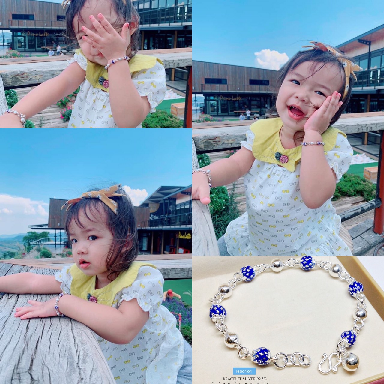สร้อยข้อมือเงินแท้ 92.5% สำหรับเด็ก ร้อยเม็ดปะคำ ลงยาสีแดง น้ำเงิน เขียว ดอกพิกุล สลับเม็ดเงิน พร้อมกระดิ่ง 1 ลูก