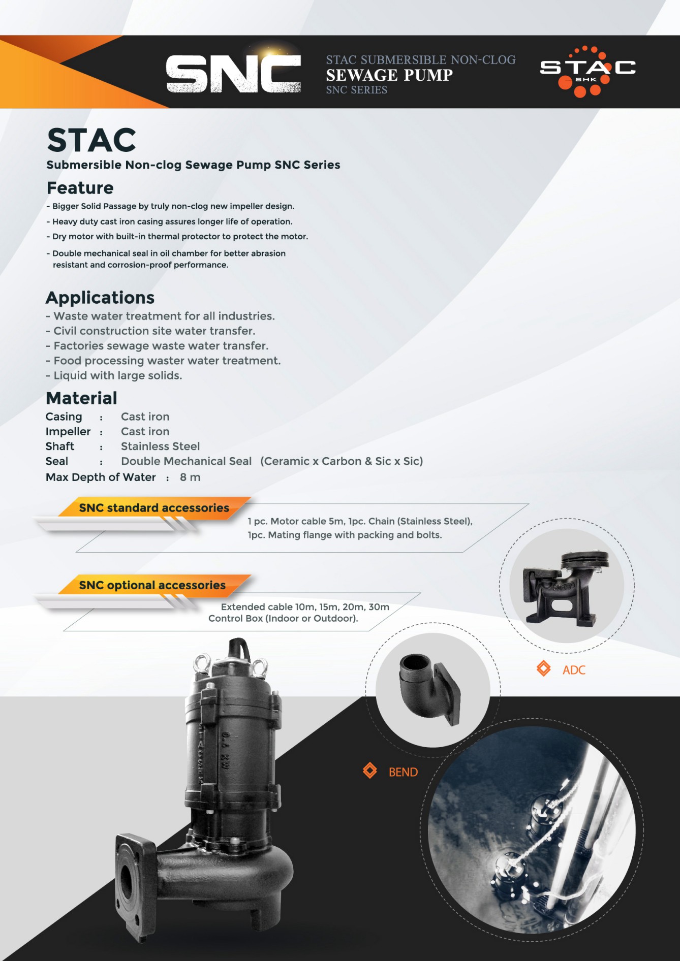 ปั้มสูบน้ำเสียที่มีของแข็งสามารถผ่านได้สูงสุด 40 mm.