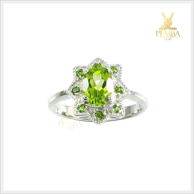 แหวนเพริดอตแท้ สีเขียวใบไม้อ่อน เงินแท้ ชุบทองคำขาว แหวนพลอยแท้