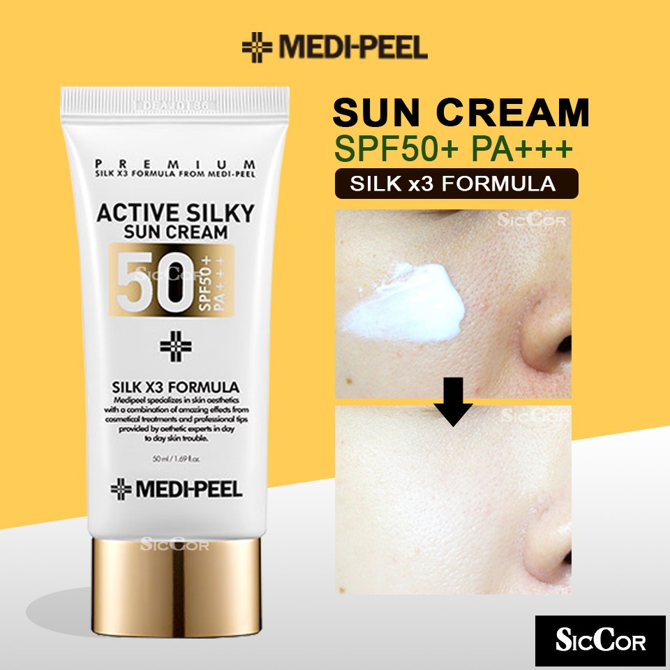 Medi-Peel Active Silky Sun Cream SPF50+ PA+++ 50mL ครีมกันแดดเมดิพีล เนื้อเนียนละเอียดซึมไว ไม่เหนอะ ปกป้องผิวพร้อมบำรุงด้วยส่วนผสมเปปไทด์