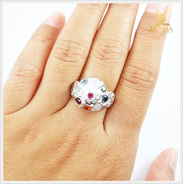 แหวนนพเก้า ตามตำราโบราณ เงินแท้925 ชุบทองคำขาว แหวนพลอยแท้