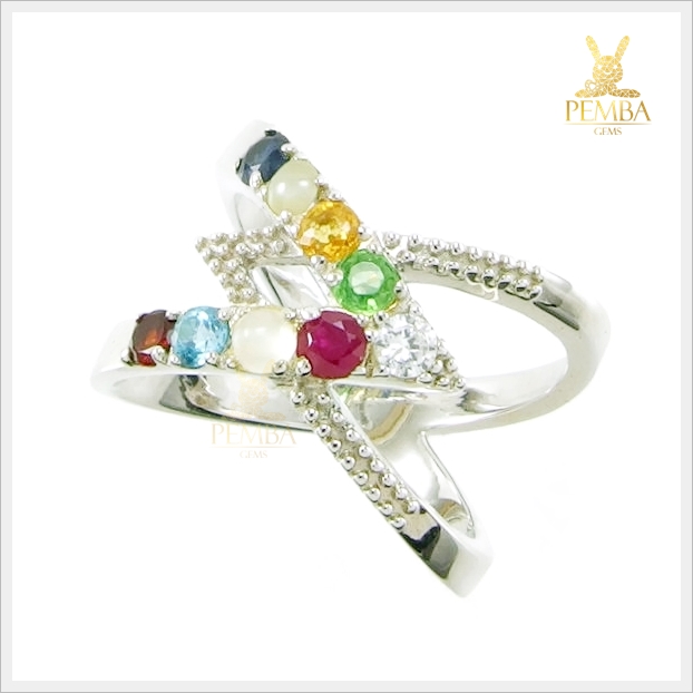 แหวนนพเก้า ตามตำราโบราณ เงินแท้925 ชุบทองคำขาว แหวนพลอยแท้