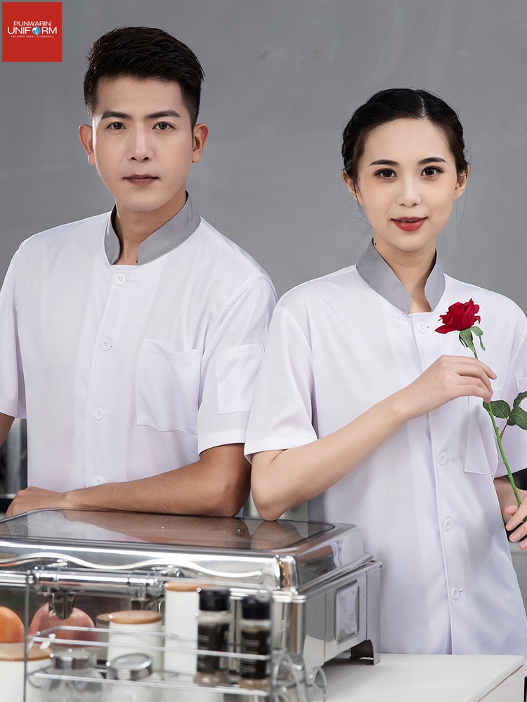 เสื้อผ้าทำงานเชฟผ้าไหมแห้งความเร็วสูงแบบตาข่ายสำหรับผู้ชายและผู้หญิงในช่วงฤดูร้อนแขนสั้นสำหรับร้านอาหารและโรงแรมระดับไฮเอนด์ เสื้อผ้าทำงานเชฟที่ระบายอากาศได้ดี m6810003 ขาว แดง น้ำเงิน ดำ M-4XL