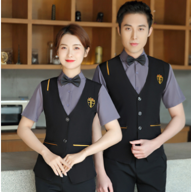 เสื้อเชิ้ตกั๊กในตัวยูนิฟอร์มพนักงานร้านอาหารกาแฟโรงแรม แขนสั้น F6705018 เทา ขาว L-4XL