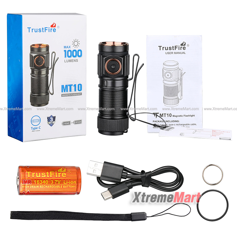 ไฟฉาย TrustFire MT10 1000 lumens flashlight Magnetic-Charging torch Type-C พร้อมแบตเตอรี่ 16340 และ สายชาร์จ ขนาดเล็กพกพาสะดวก