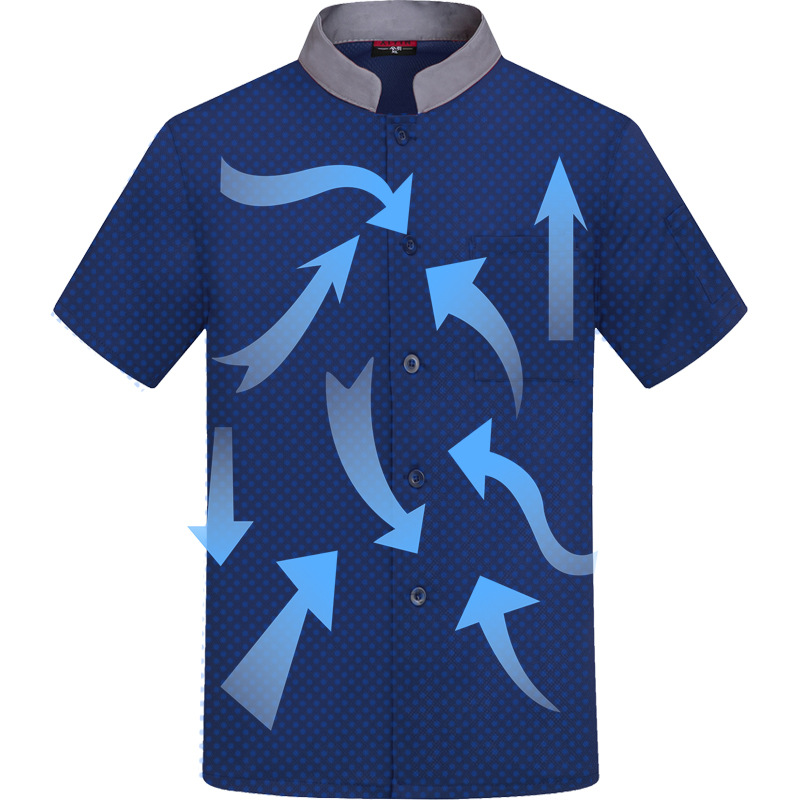 เสื้อผ้าทำงานเชฟผ้าไหมแห้งความเร็วสูงแบบตาข่ายสำหรับผู้ชายและผู้หญิงในช่วงฤดูร้อนแขนสั้นสำหรับร้านอาหารและโรงแรมระดับไฮเอนด์ เสื้อผ้าทำงานเชฟที่ระบายอากาศได้ดี m6810003 ขาว แดง น้ำเงิน ดำ M-4XL