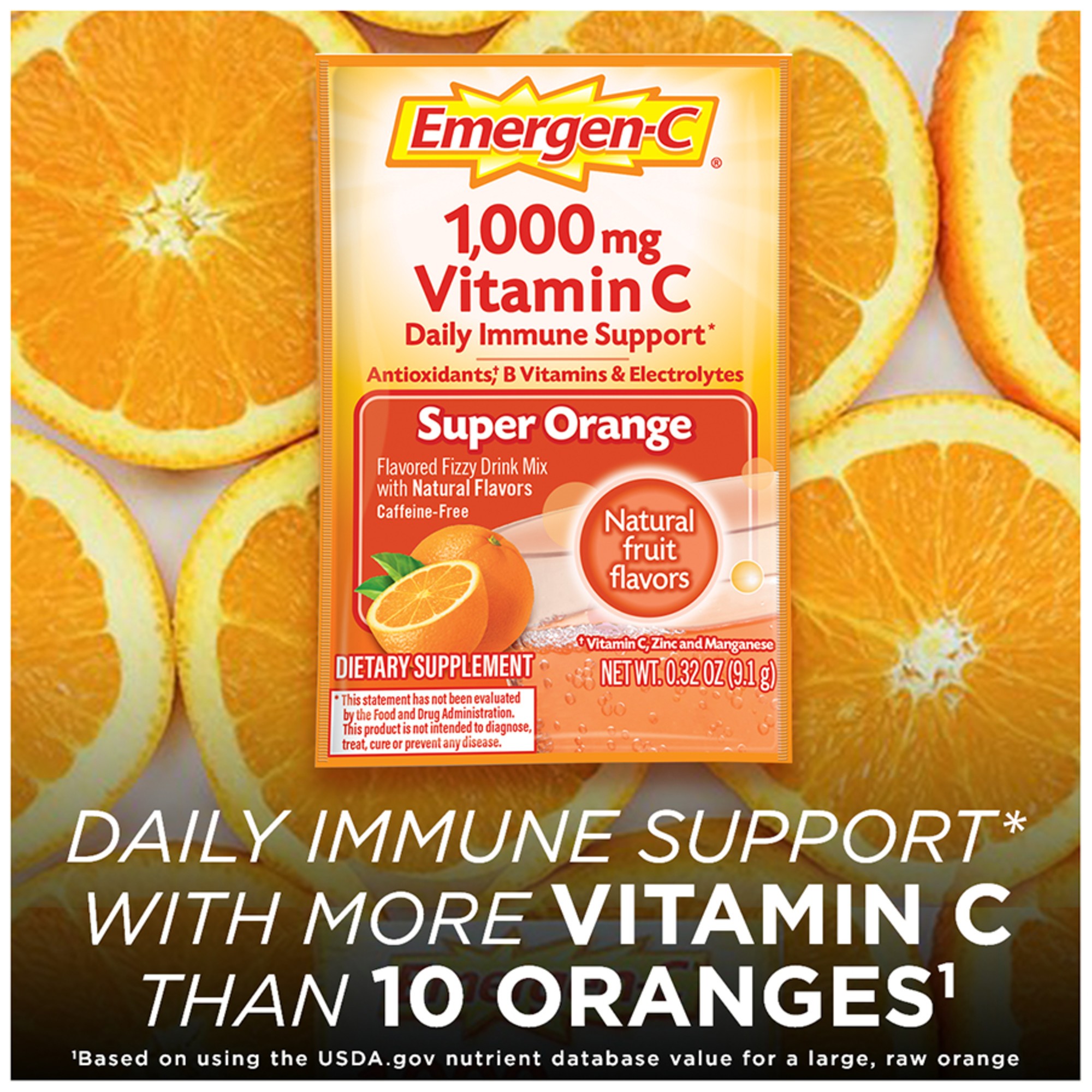 วิตามินเสริมภูมิคุ้มกันแบบซองละลายน้ำ Emergen-C 1,000mg Vitamin C Daily Immune Support (Super Orange)