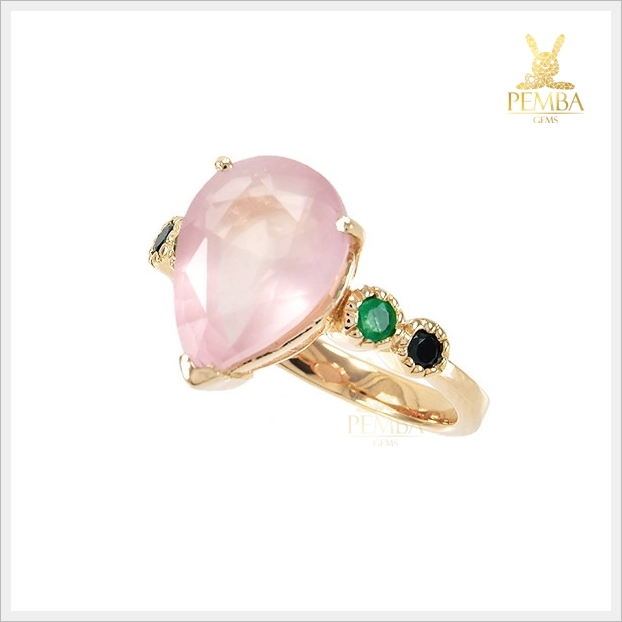 แหวนโรสควอตซ์แท้ อัญมณีชมพูอ่อน ทรงหยดน้ำเก๋ๆ