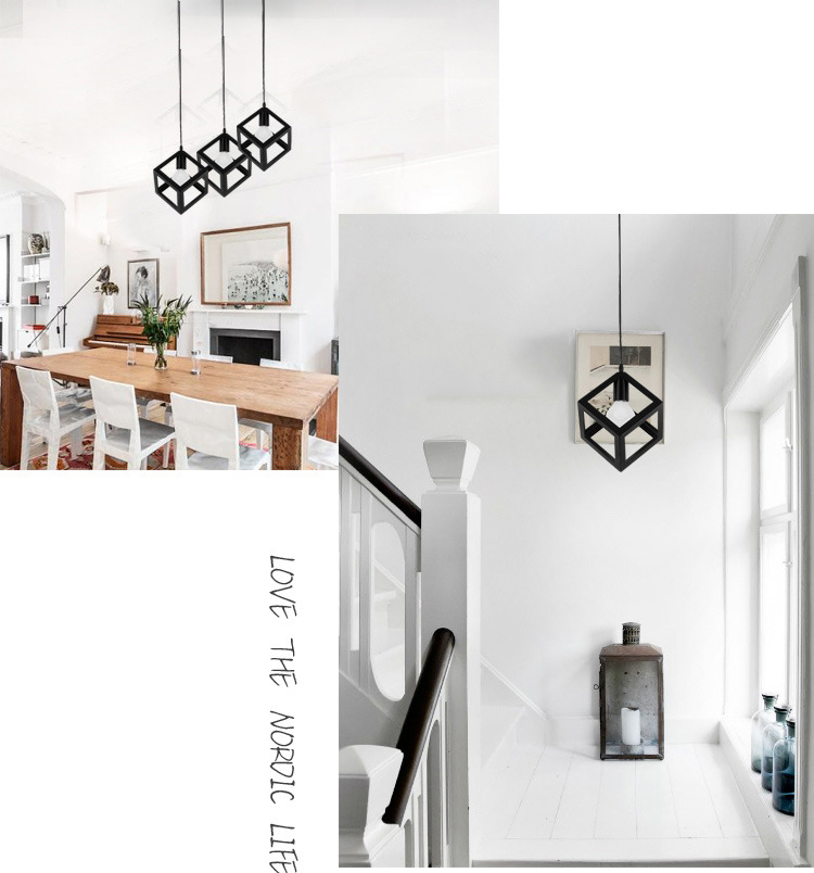 โคมไฟห้อยเพดานเหล็กทรงสี่เหลี่ยมจตุรัส สไตล์ Nordic minimalist