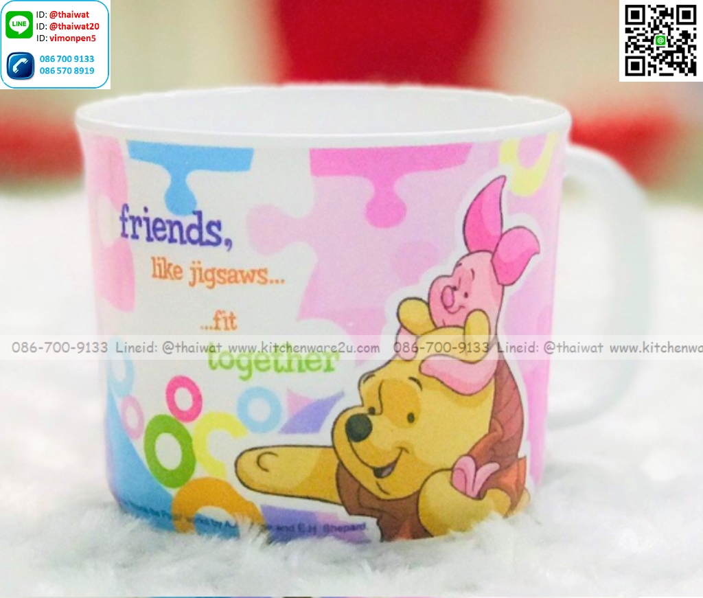 P09064 ถ้วยน้ำมีหู ปาก 3 นิ้ว ลายหมีพูห์ Jigsaws เมลามีนและลิขสิทธิ์แท้ Flowerware เครือซูปเปอร์แวร์ No.C2392-3 (ราคาขายส่งต่อ 12 ใบ: เฉลี่ย 70 บต่อใบ)