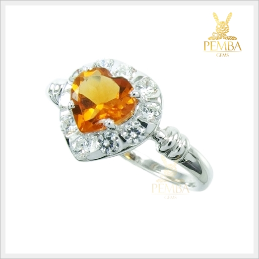 แหวนซิทรินแท้ ทรงหัวใจสุดเก๋ เงินแท้ ชุบทองคำขาว แหวนพลอยแท้