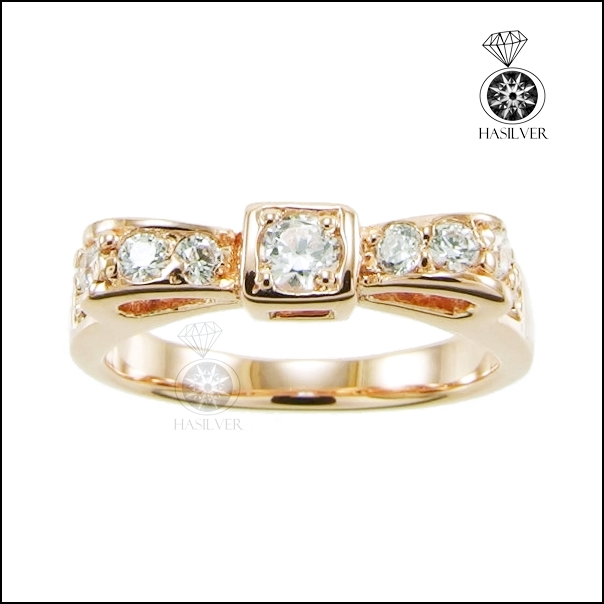 แหวนเงินแท้ 925 ชุบ Pink gold รูปโบว์ ฝังเพชร CZ สีขาว