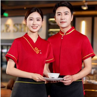 ชุดพนักงานภัตตาคารร้านอาหารจีนโรงน้ำชาญี่ปุ่นเกาหลี แขนสั้น F6705009 แดง ส้ม ขาว เขียว แดง L -4XL