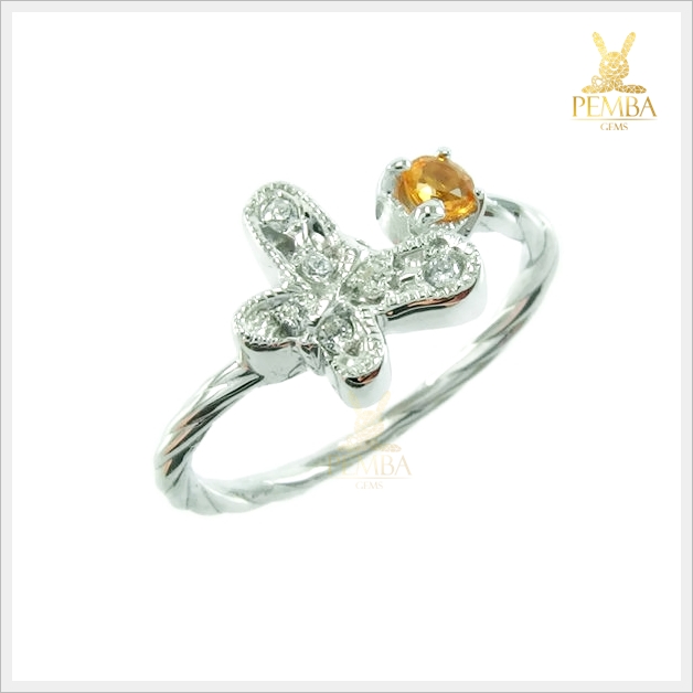 แหวนบุษราคัมแท้ เงินแท้925 ตัวเรือนดีไซน์รูปผีเสื้อสุดเก๋ แหวนพลอยแท้