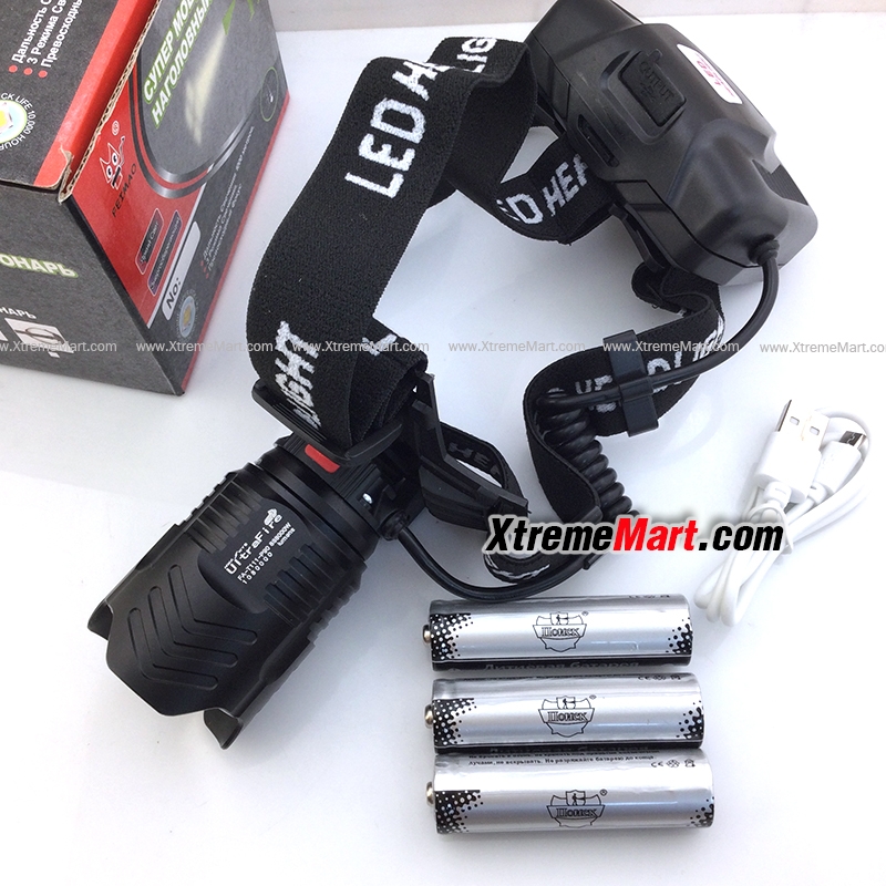 ชุดเซตไฟฉายคาดหัวซูม Ultrafire P90 LED แสงสีขาว 888000W สว่างมาก พร้อมแบตเตอรี่และสายชาร์จ USB