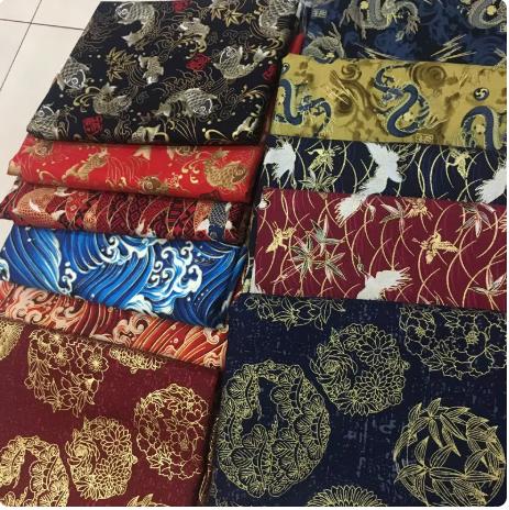 ผ้าสไตล์ญี่ปุ่น ผ้าคอตตอนพิมพ์ลายร้อน ลายนกฟลามิงโก้ ลายคลื่นทะเลใส ลายนกกระเรียน ผ้าลายดอกซากุระ SKU-03521 สีภาพ เมตร