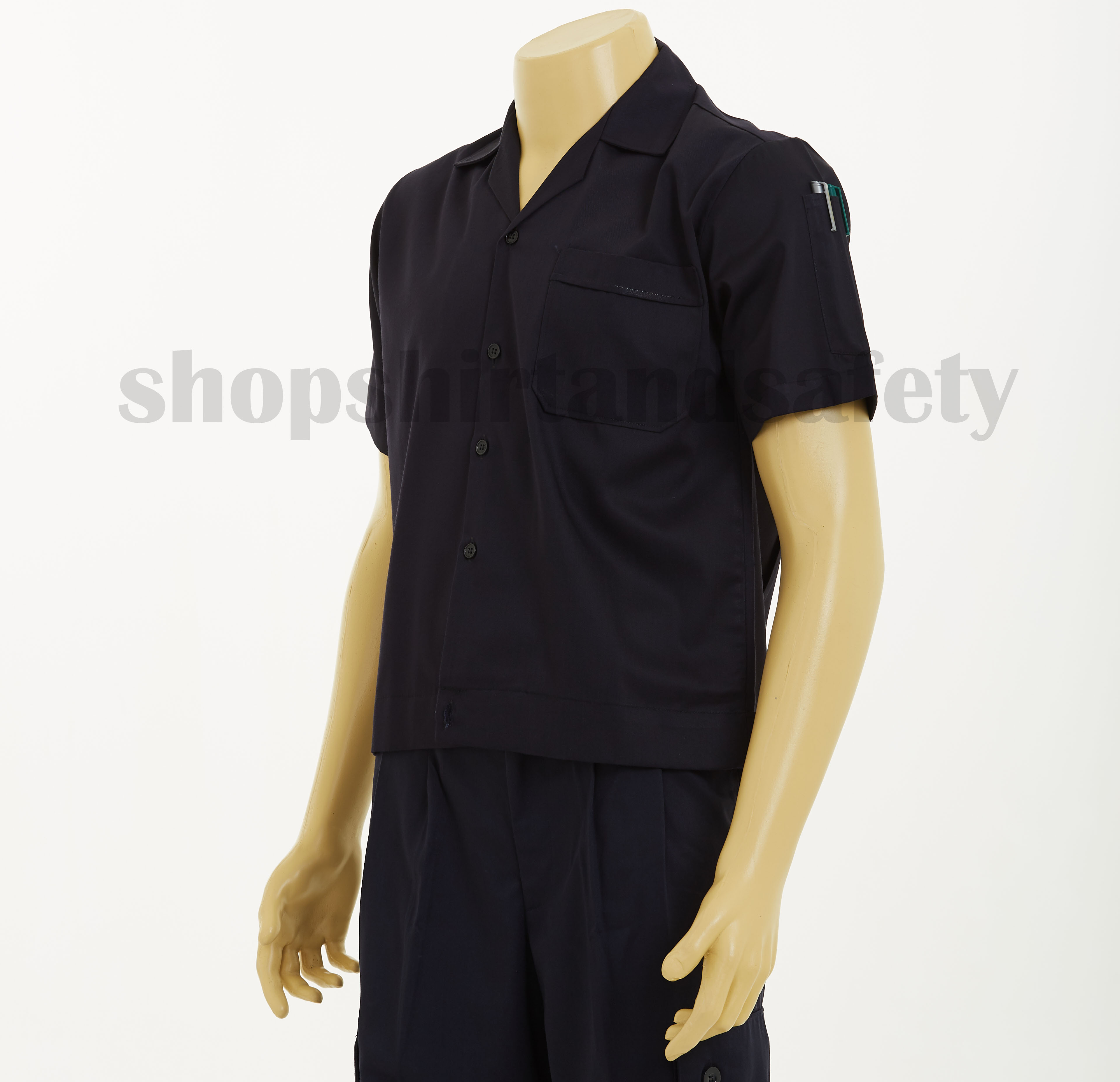 เสื้อช็อปแขนสั้นแบบกระเป๋าเดียวสีกรมท่าล้วน