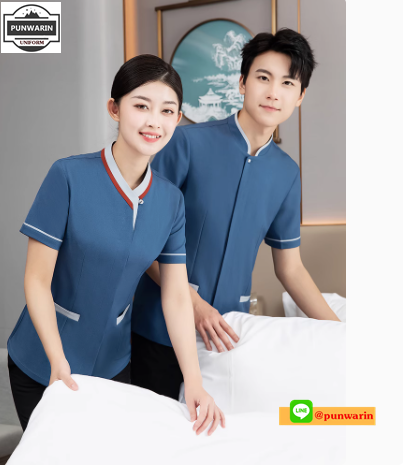เสื้อพนักงานทำความสะอาด เสื้อแม่บ้าน เสื้อพ่อบ้าน เบลล์ ชุดพนักงานโรงแรม สำเนา SKU-03272 เทา ฟ้า L-5XL