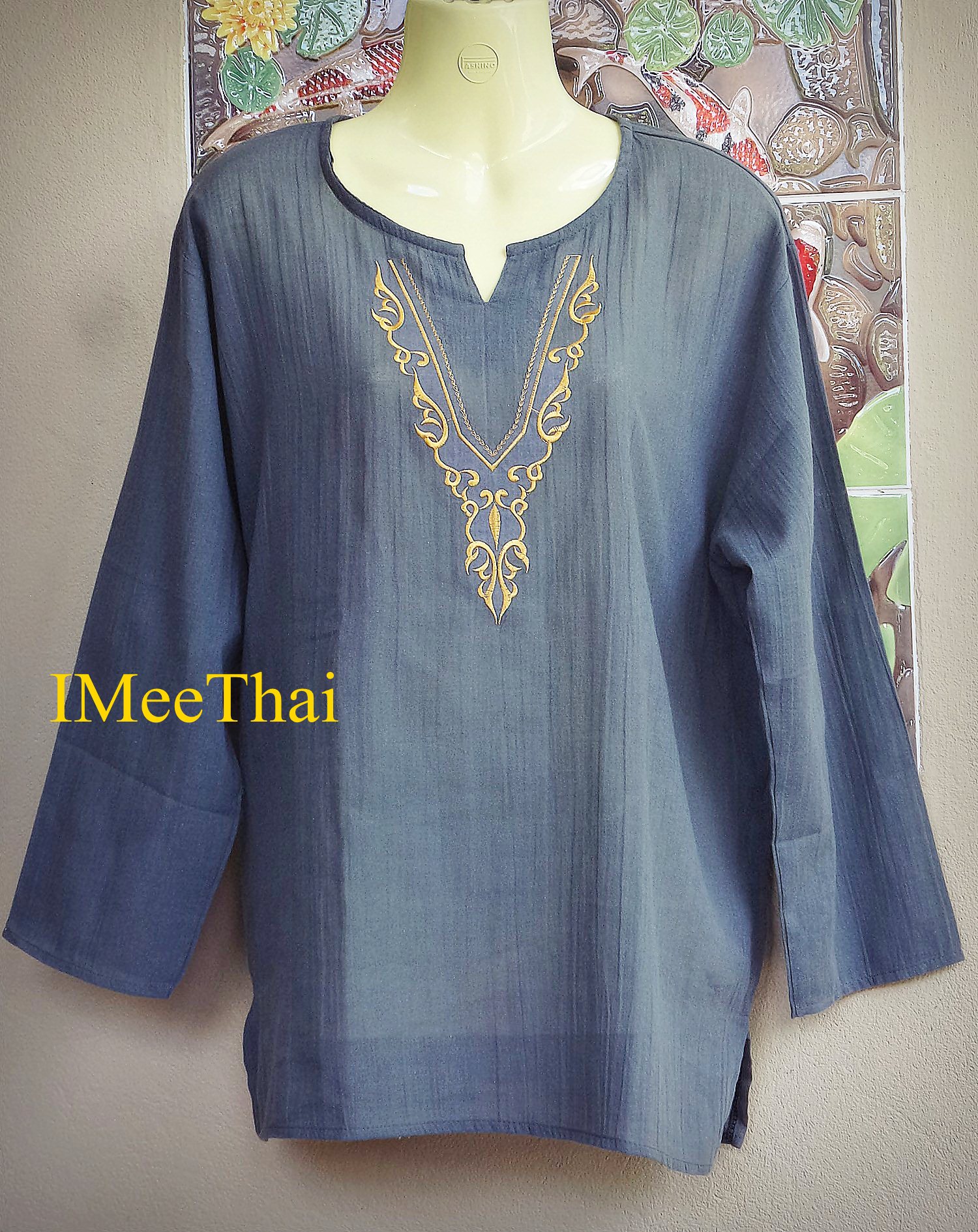 เสื้อ ลายไทย สีเทา ลายกนกสีทอง