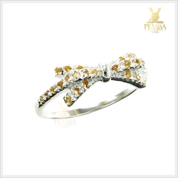 แหวนซิทรินแท้ เงินแท้ ชุบทองคำขาว ดีไซน์รูปโบว์สุดเก๋ แหวนพลอยแท้