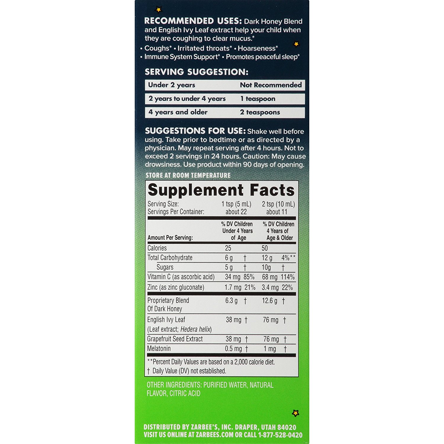 สมุนไพรบรรเทาอาการไอและลดน้ำมูกสำหรับช่วงเวลากลางคืน ZARBEE'S Naturals Children's Nighttime Cough Syrup + Mucus Dark Honey & Ivy Leaf