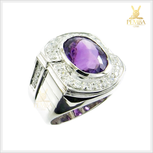 แหวนอเมทิสต์ ล้อมเพชรCZ เงินแท้925 ชุบทองคำขาว แหวนพลอยแท้
