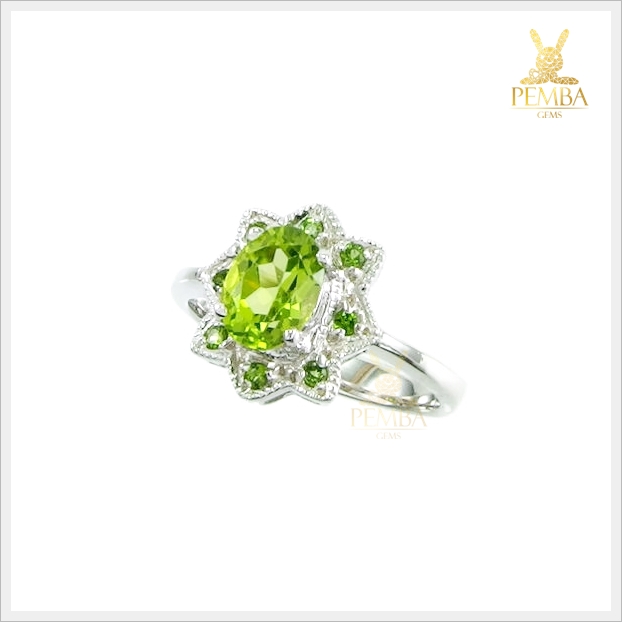 แหวนเพริดอตแท้ สีเขียวใบไม้อ่อน เงินแท้ ชุบทองคำขาว แหวนพลอยแท้