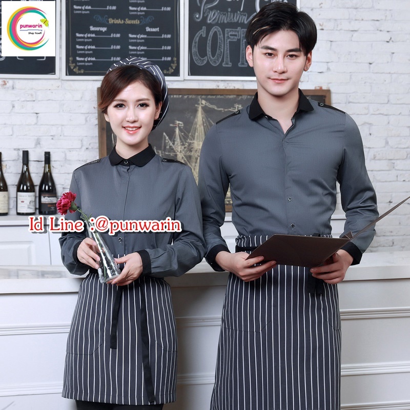 เสื้อพนักงานเสริฟเสื้อพนักงานโรงแรม เสื้อพนักงานร้านอาหาร เสื้อพนักงานร้านกาแฟ F6309001 เทา ม่วง L-3XL