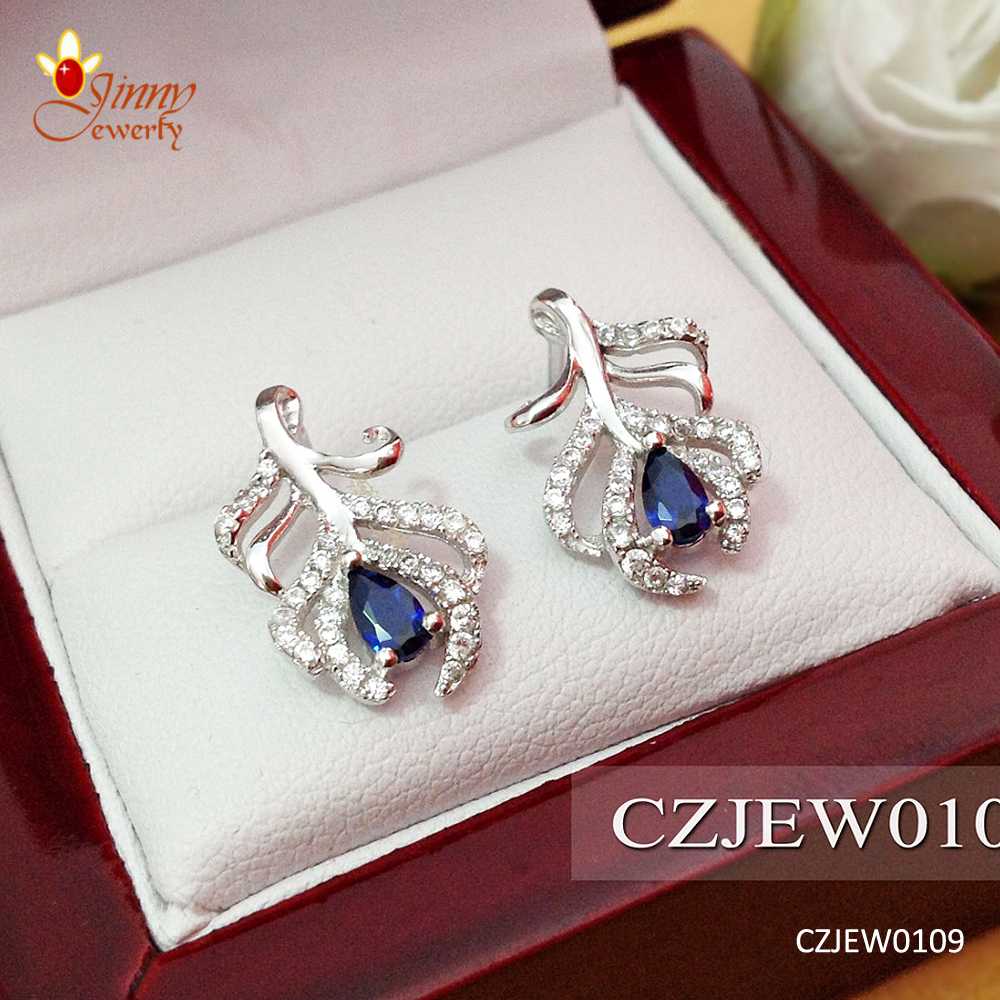 ต่างหูเงินแท้ ประดับเพชร cz พลอยสีน้ำเงิน งานแบบละเอียด