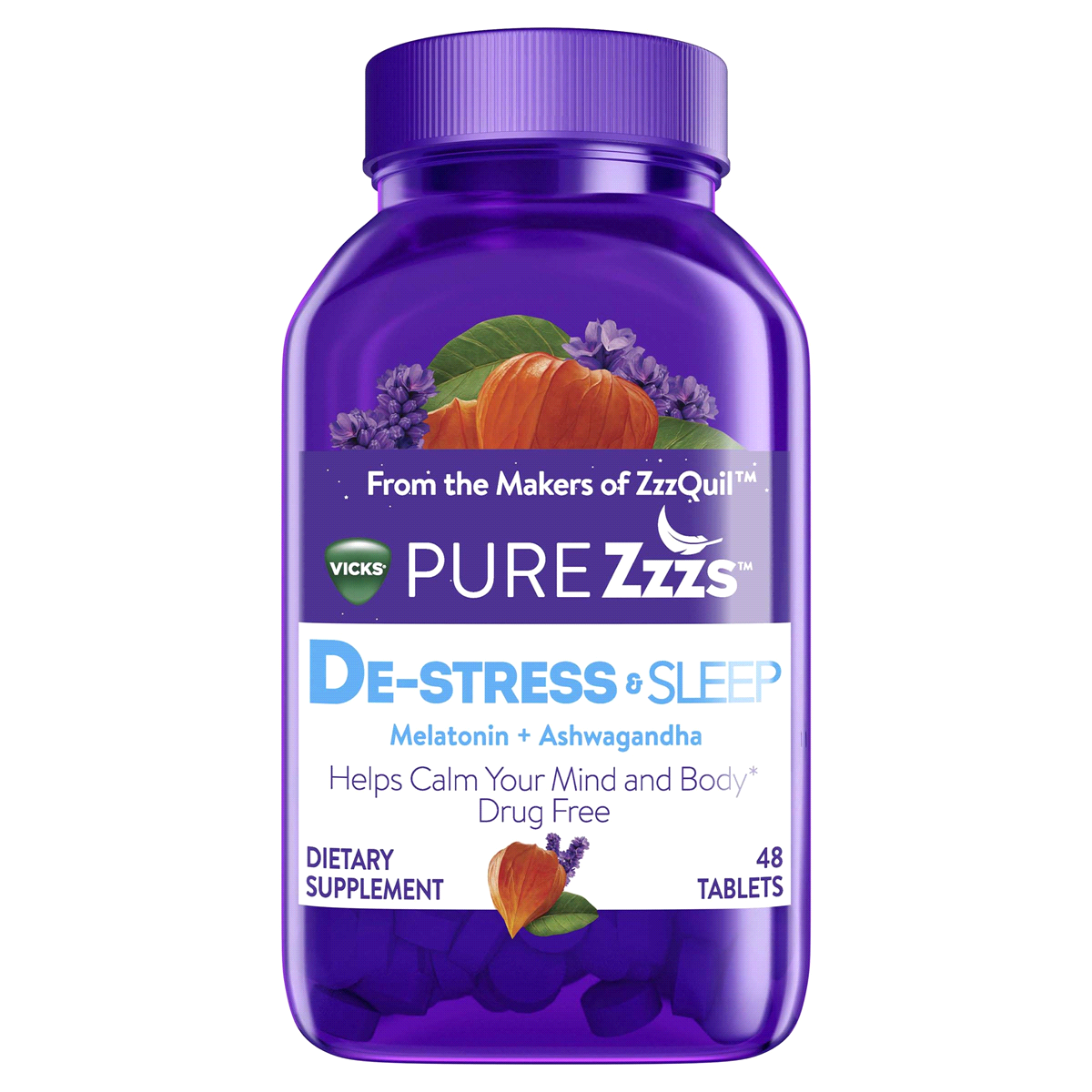 วิตามินช่วยการนอนหลับพร้อมคลายความตึงเครียด Vicks PURE Zzzs De-Stress & Sleep Melatonin + Ashwagandha