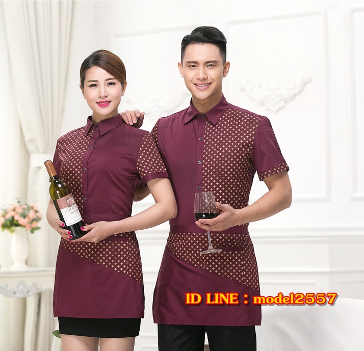 F6012003 เสื้อฟอร์มพนักงานร้านอาหารกาแฟโรงแรม แขนสั้นผ้าฝ้ายกระดุมหน้า SKU-00592