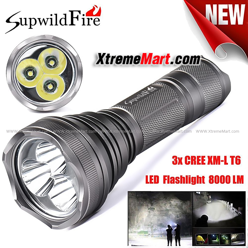 SupwildFire หลอด XM-L T6 x 3หลอด LED 5-Mode 8000Lm ใส่แบต 18650 หรือ 26650 (ราคาเฉพาะไฟฉาย)