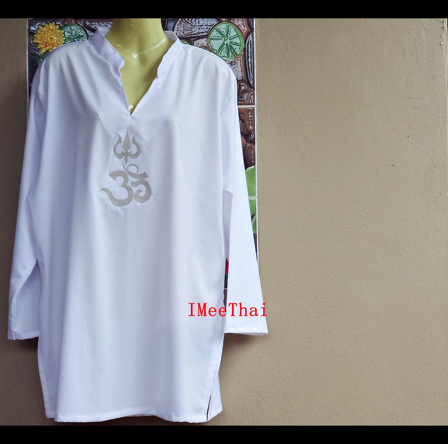 เสื้อขาว โอม พระพิฆเนศ ตรีศูล อักษรสีเงิน