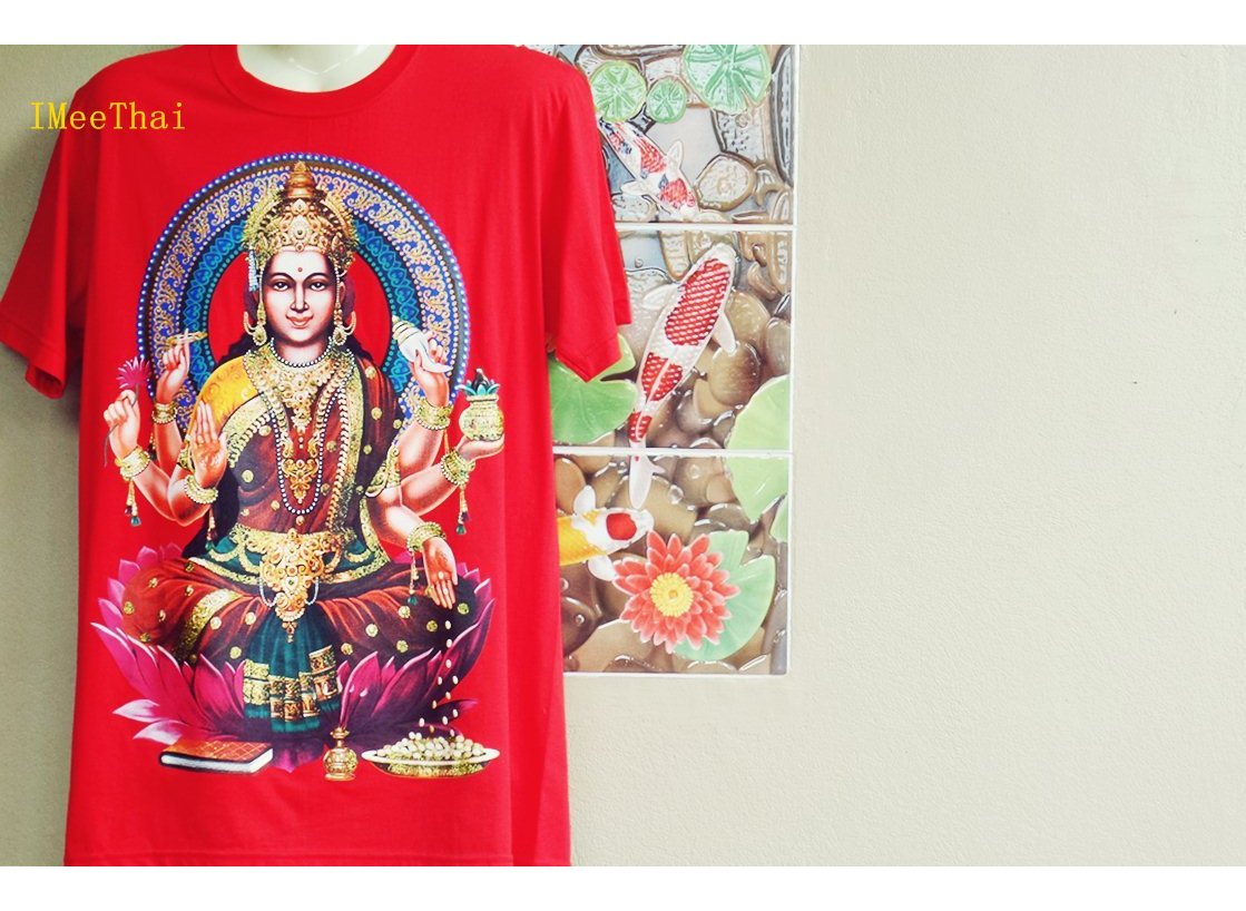 เสื้อยืด พระแม่ลักษมี สีแดง หลังอักษร โอม พระพิฆเนศ