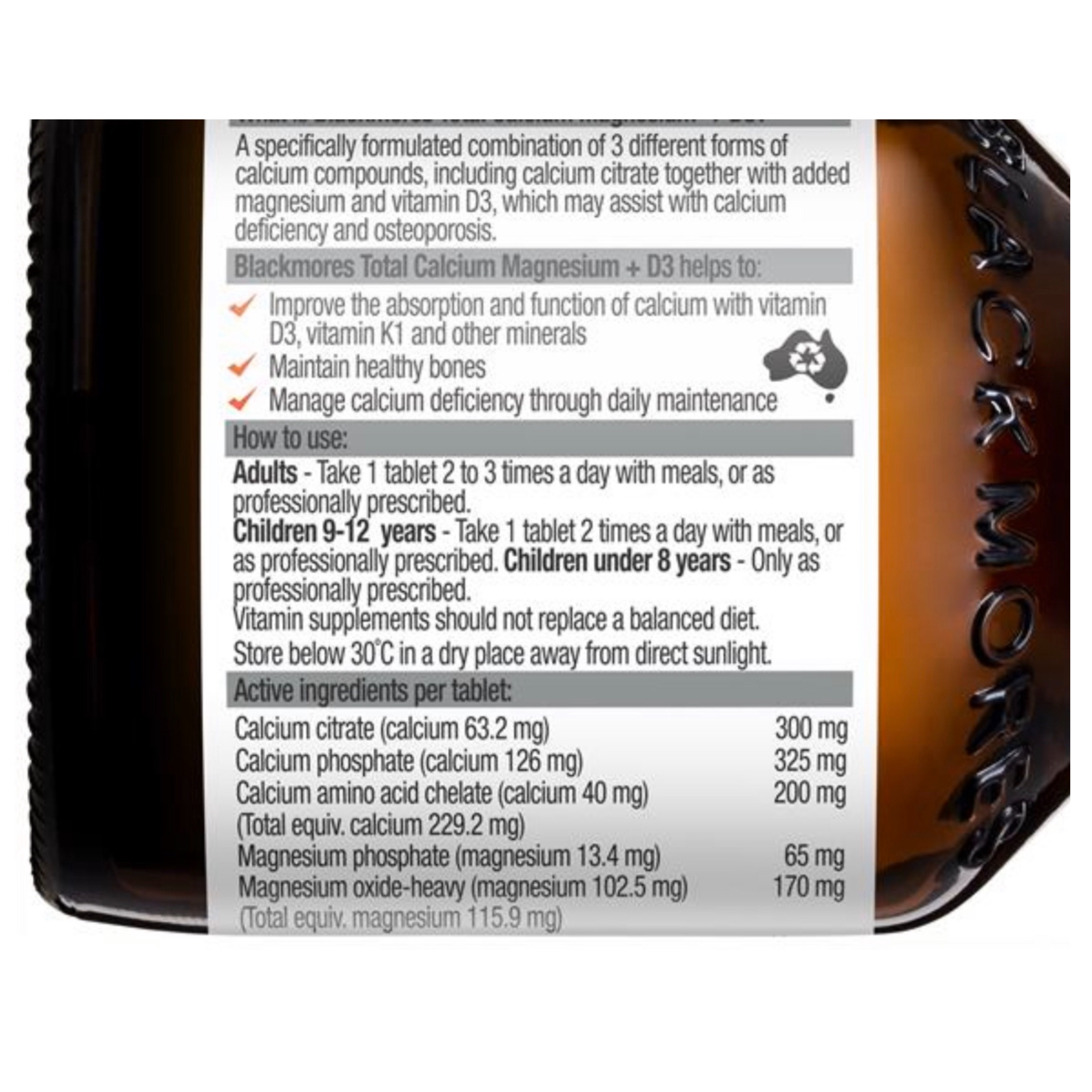 วิตามินเสริมแคลเซียมสำหรับเด็กโตและผู้ใหญ่ BLACKMORES Bone Health - Total Calcium, Magnesium + D3 (60 Tablets)