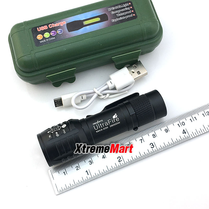 ไฟฉายซูม Ultrafire รุ่น 535 38000W พร้อมโคมไฟ COB ด้านข้าง + คลิปเหน็บ แสงขาว 3 โหมด พร้อมสายชาร์จ USB ชาร์จได้ในตัว