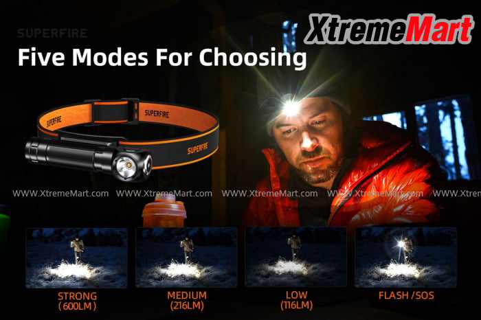 ชุดเซตไฟฉาย SuperFire รุ่น TH04 แสงขาว 600 ลูเมน 5โหมด USB Rechargeable