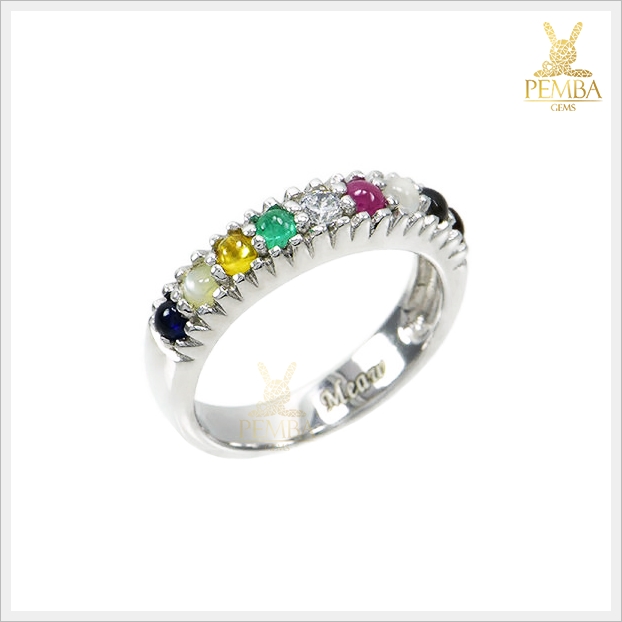 แหวนนพเก้า ตามตำราโบราณ เงินแท้925 ชุบทองคำขาว แหวนพลอยแท้